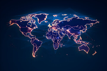 Digital 3D map of the world with neon lights and data network connections