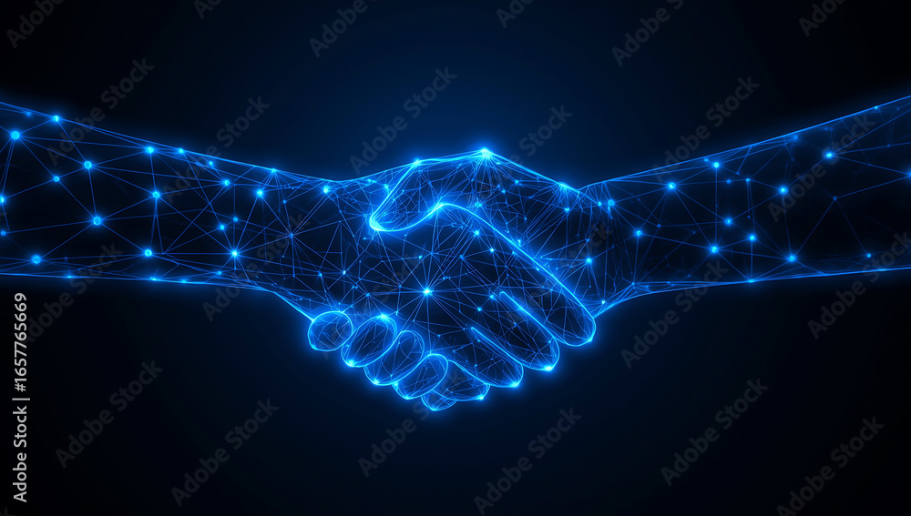 Poster digital handshake formed by glowing blue lines and dots representing technology and partnership on a