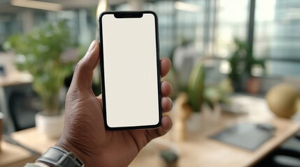 Close-up of a person's hand holding a smartphone with a blank screen, ready to receive content.