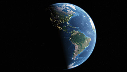 Fototapeta premium A realistic view of planet Earth from space, showing the transition from night to day over the Americas.