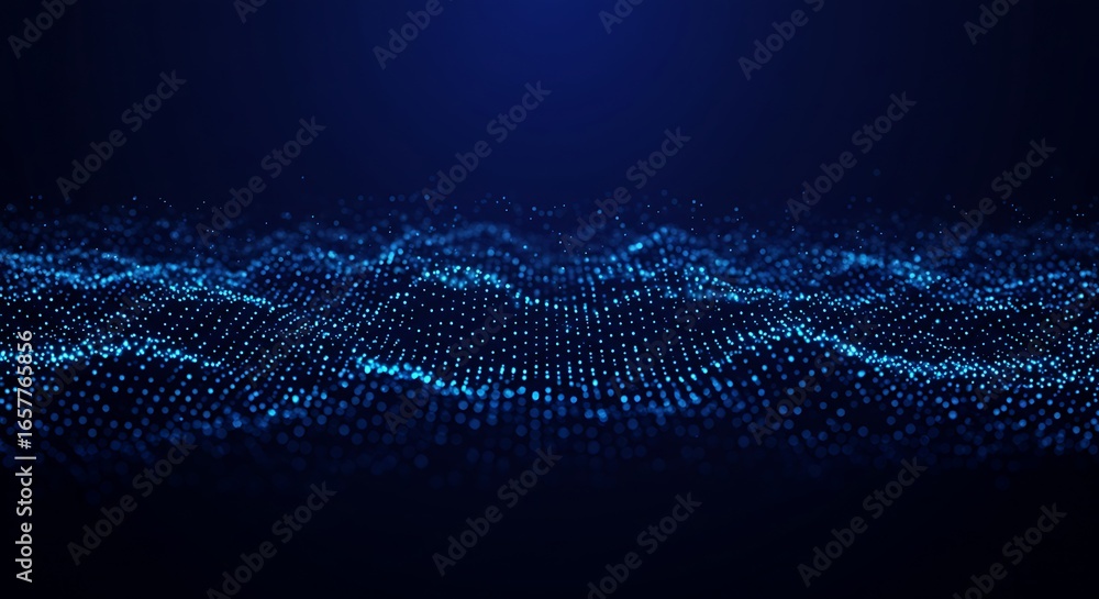 Poster abstract futuristic background with a glowing blue digital wave landscape made of particles, represe