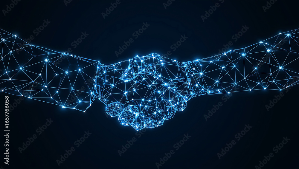 Poster abstract glowing blue digital network forming a handshake against a dark background symbolizing conn