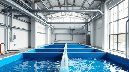 Obraz premium Fish Farming Facility in a Modern Building with Blue Water Tanks