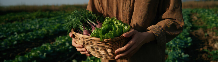 Fototapeta premium Freshly harvested vegetables in basket held by farmer outdoors