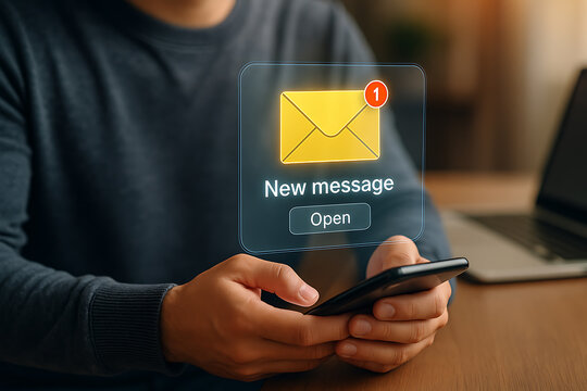 New message notification hologram on smartphone screen showing digital email icon, online communication and instant text alert system