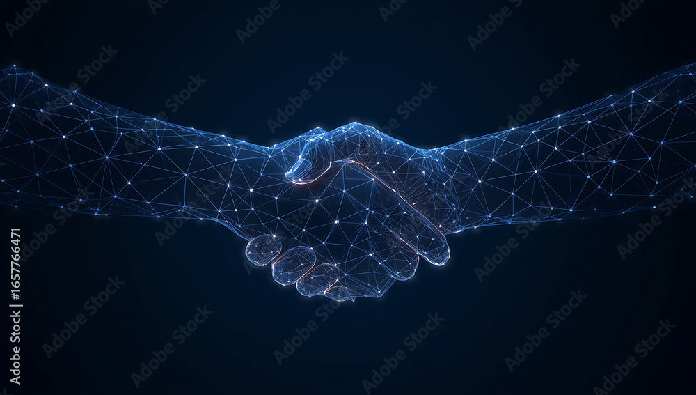 Poster digital handshake formed from glowing blue particles symbolizing global connection and technological