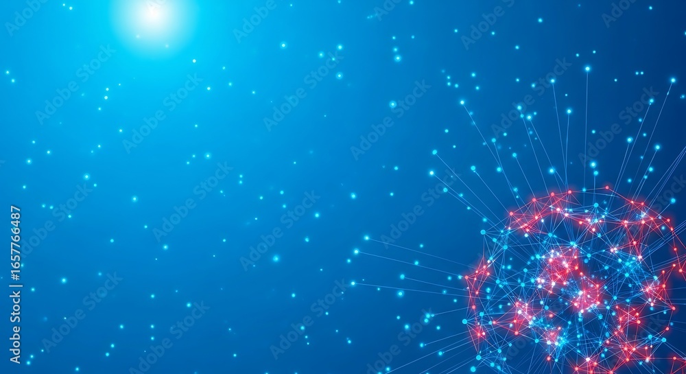 Poster abstract glowing sphere with red and blue particles exploding on a blue background with bright light