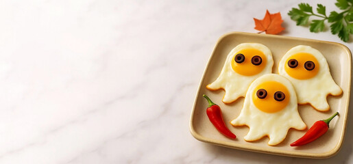 Fried eggs made from white eggs with yellow yolks in the shape of cute ghosts with eyes, on a decorative plate, on a light background, festive food for Halloween