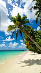 Obraz premium Idyllic tropical beach scene; white sand, turquoise water, leaning palm trees, blue sky, fluffy clouds