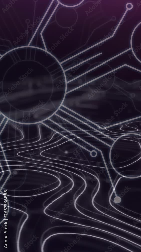 Poster animation of network of connections with icons with lines on purple background