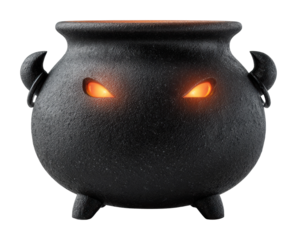 Mysterious cauldron with glowing eyes halloween theme dark ambient isolated on transparent background