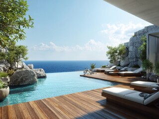 Fototapeta premium A pool with a wooden deck and a view of the ocean. There are several lounge chairs around the pool