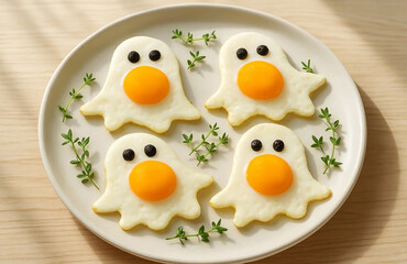 Fried eggs made from white eggs with yellow yolks in the shape of cute ghosts with eyes, on a decorative plate, on a light background, festive food for Halloween