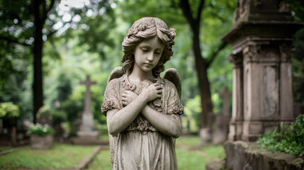 Fototapeta premium Angel statue with crossed arms in peaceful cemetery