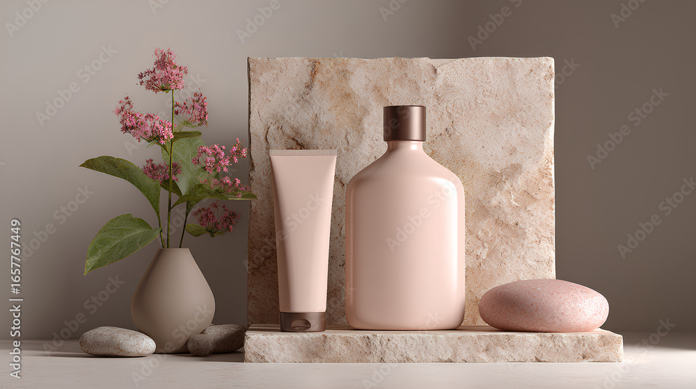 Poster cosmetic products on stone slab with natural textures, soft color scheme and ample space for overlay