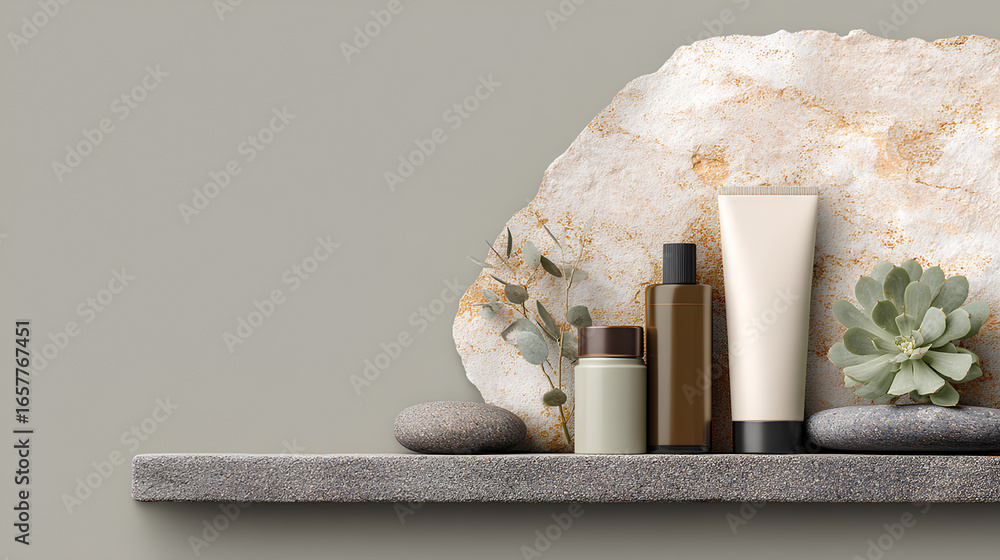 Poster cosmetic products on stone slab with natural textures, soft color scheme and ample space for overlay