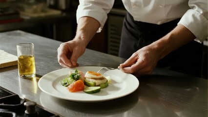 A chef is focusing on plating dishes in the kitchen, wearing a white chef's uniform with a black apron, and fresh vegetables, fruits, and seasoning bottles are placed on the stainless steel countertop