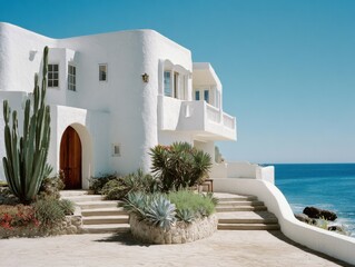 Fototapeta premium A large white house with a pool and a large garden. The house is on a hill overlooking the ocean
