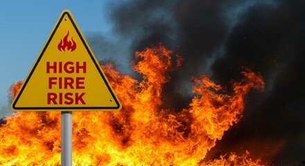 High fire risk sign with flames and smoke in the background