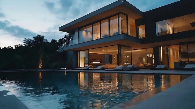 Modern Luxury Mansion with Infinity Pool at Dusk house architecture photo