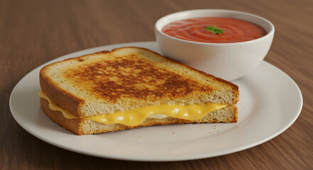 White Plate with Grilled Cheese Sandwich and Tomato Soup png