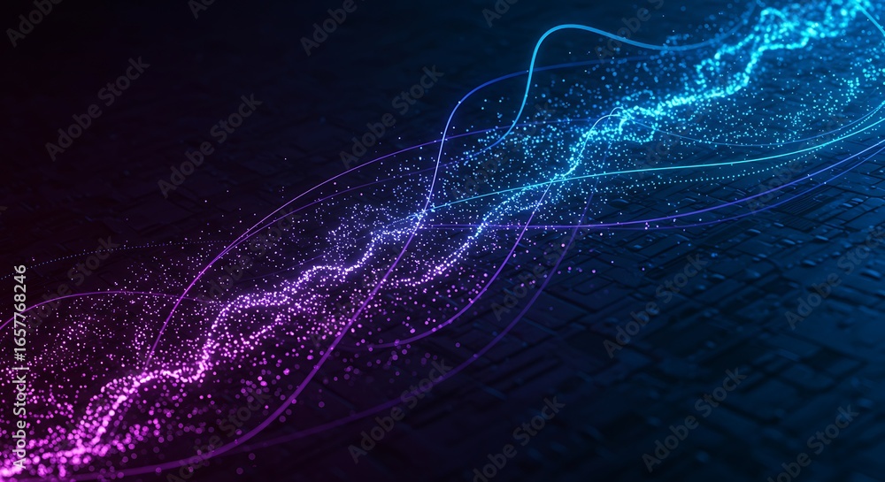 Poster futuristic abstract background with flowing streams of luminous blue and pink particles symbolizing 