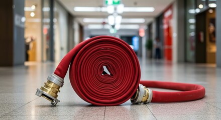 Coiled fire hose in shopping mall hallway