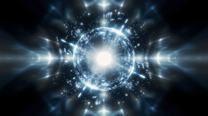 Fototapeta premium Futuristic glowing energy sphere at the center of a symmetrical digital explosion with radial light, AI generative