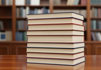 Fototapeta premium A tall stack of hardcover books with red and blue bindings rests on a polished wooden table, with a library in the background