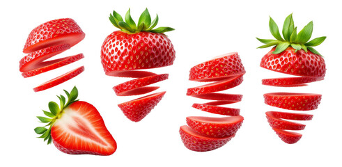Fresh Strawberries Sliced and Falling Isolated on white background