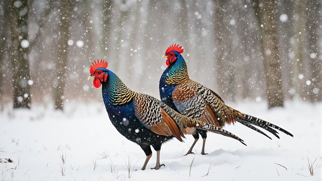 two colorful pheasants facing each other in snowy field snowflakes falling a 3d rendering nature scene