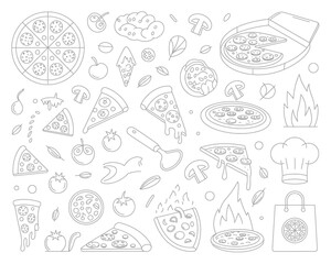 Delicious pizza and ingredients doodle art collection