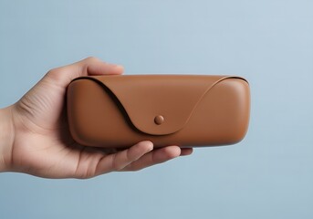 Hand holding a stylish brown leather glasses case with a secure snap closure against a soft blue background