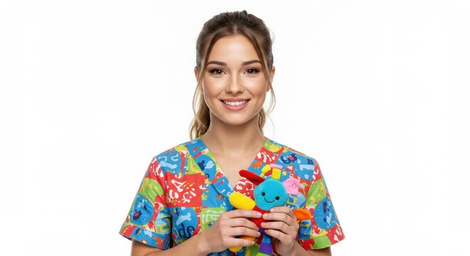 Smiling Woman Holding Toy Colorful Scrubs White Background.