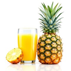 Fresh Pineapple Juice with Whole Fruit and Slice isolated on White Background