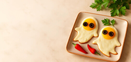 Fried eggs made from white eggs with yellow yolks in the shape of cute ghosts with eyes, on a decorative plate, on a light background, festive food for Halloween