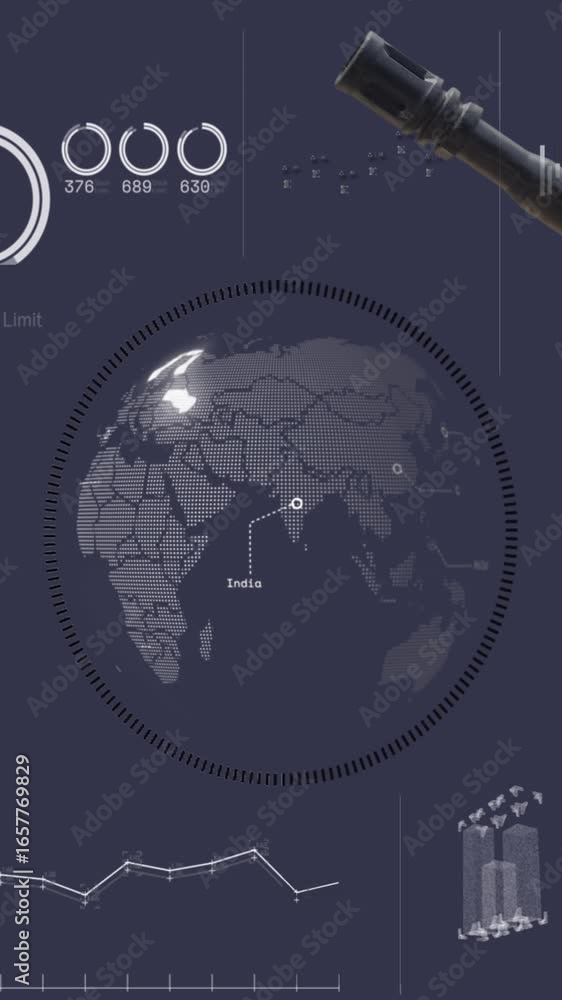 Poster animation of hand of soldier holding gun over globe and data processing on digital interface