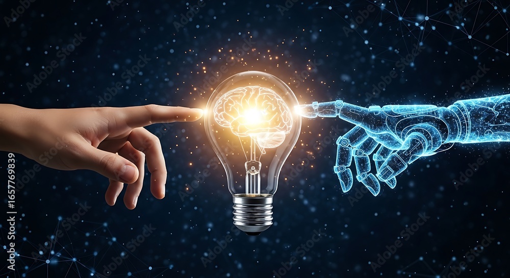 Aufkleber human and robot hands touching a glowing lightbulb with a brain inside, symbolizing artificial intel