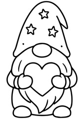 Fototapeta premium Black and white vector of a Christmas gnome holding a heart, with a starry hat, perfect for engraving, prints, tattoos, and holiday projects