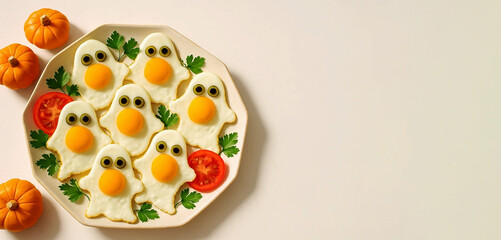 Fried eggs made from white eggs with yellow yolks in the shape of cute ghosts with eyes, on a decorative plate, on a light background, festive food for Halloween
