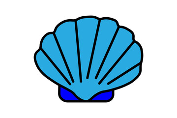The image shows a simple illustration of a seashell. The shell is light blue with black outlines and vertical lines that emphasize its ridges.