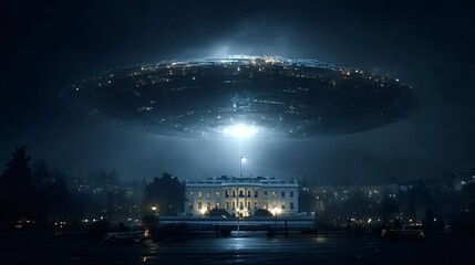 Massive alien spaceship hovering ominously over the white house in washington, d.C., casting an eerie glow that illuminates the dark night sky and evokes feelings of fear and anxiety