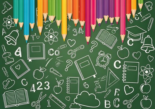 Colorful pencils and chalk drawings of school supplies and educational symbols on a green chalkboard, representing learning and creativity