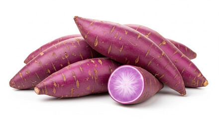 Fresh purple sweet potatoes with one sliced open on isolated transparent background.