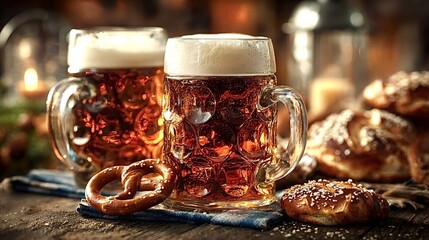 Two mugs of frothy dark beer are placed on a rustic wooden table alongside pretzels, evoking the festive atmosphere of oktoberfest with warm candlelight in the background