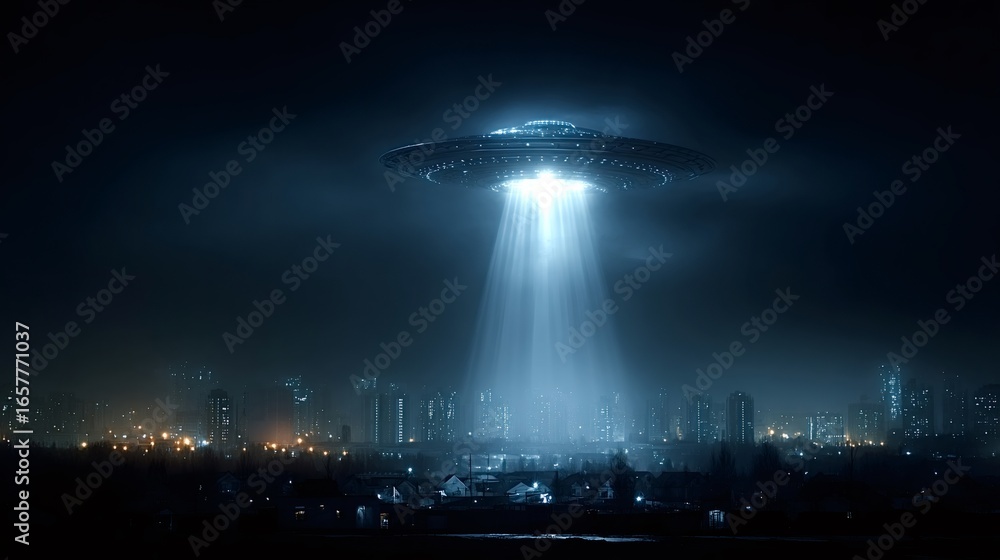 Poster large unidentified flying object hovering over an illuminated city at night, emitting bright beams o