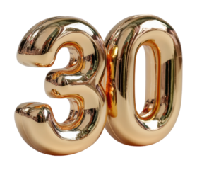 Celebrating 30 years golden number display for anniversaries isolated on transparent background