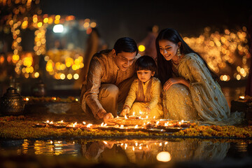 Happy indian family lighting diyas to celebrate Diwali. Indian family in traditional dress with bokeh lights background.