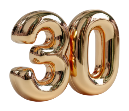 Celebrating 30 years golden number display for anniversaries isolated on transparent background