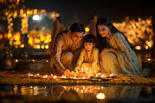 Happy indian family lighting diyas to celebrate Diwali. Indian family in traditional dress with bokeh lights background.